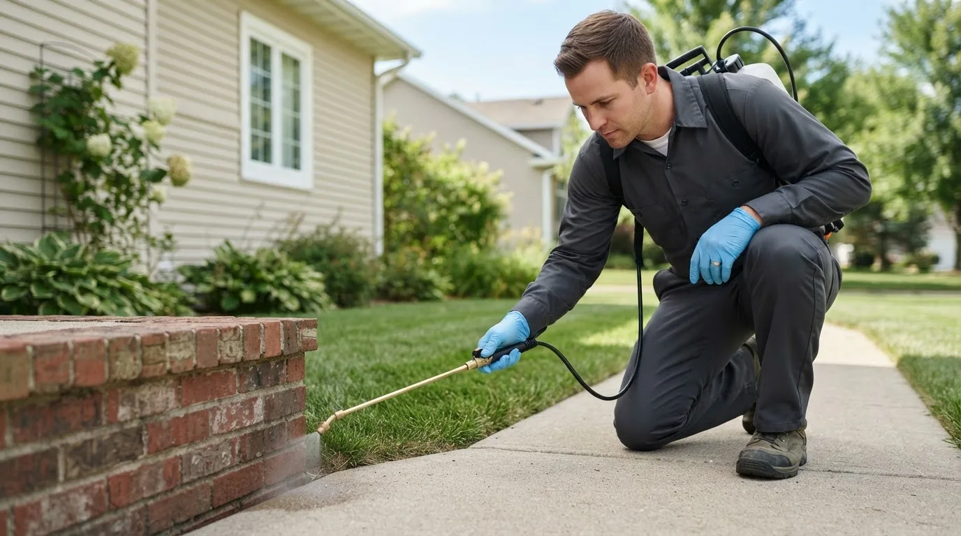 Pest control technician treating a home near Nadeau, MI