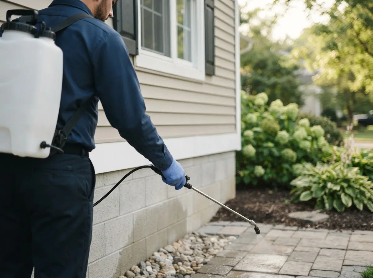 Pest control technician inspecting a home in Nadeau, MI